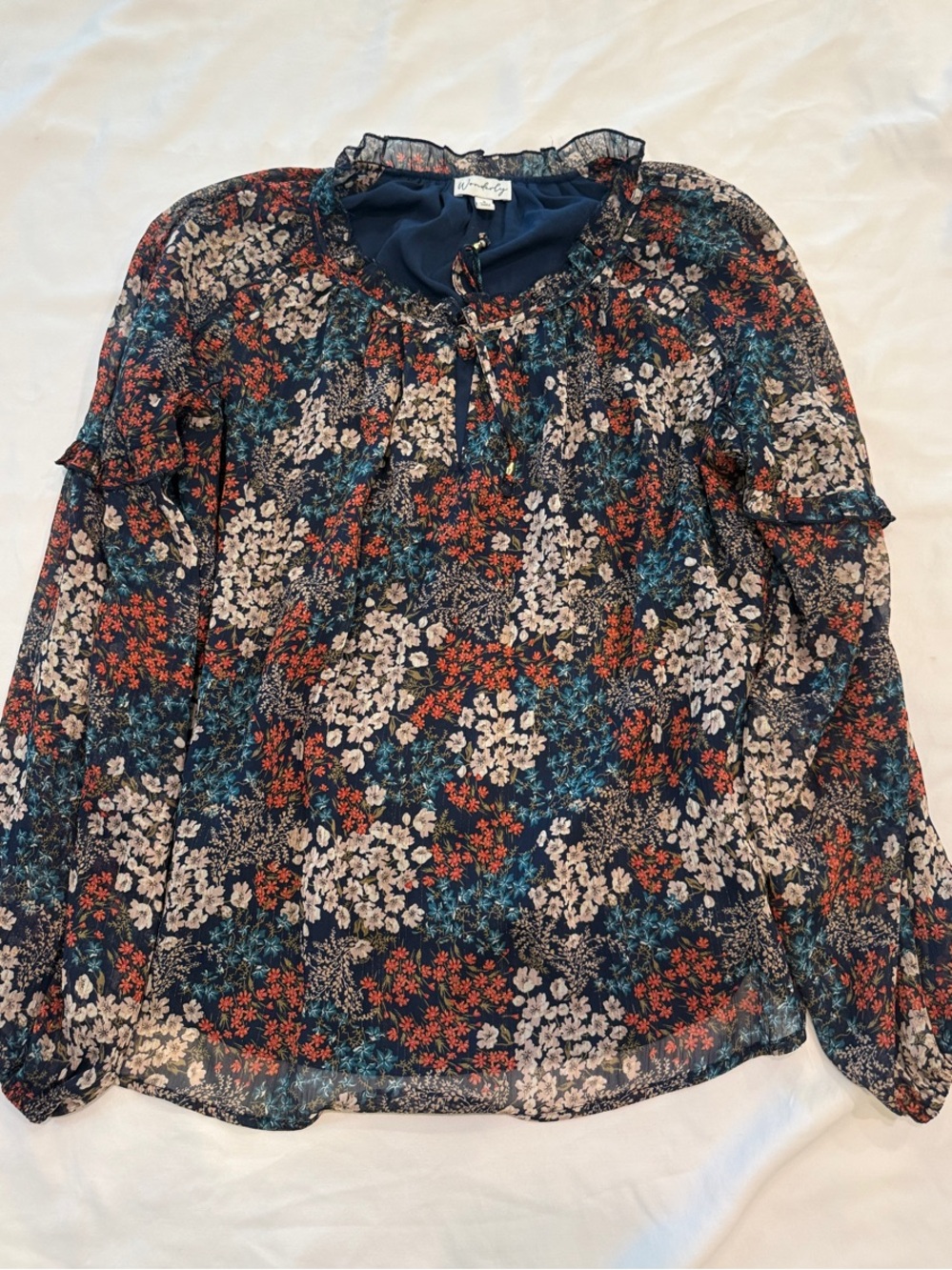 Wonderly Navy Floral Tie-Front Sheer Blouse